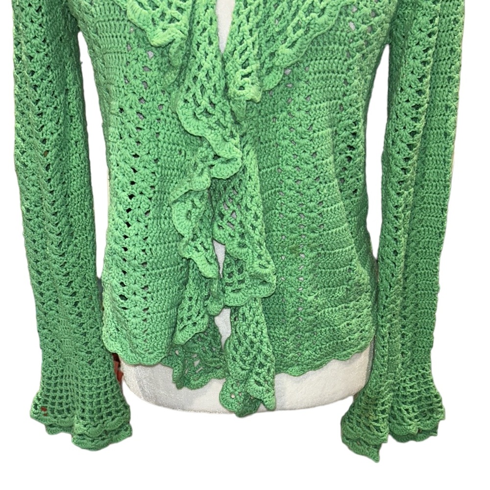 One Girl Who Anthropologie Green Crochet Ruffle Scalloped Draped Cardigan - M - Picture 4 of 12